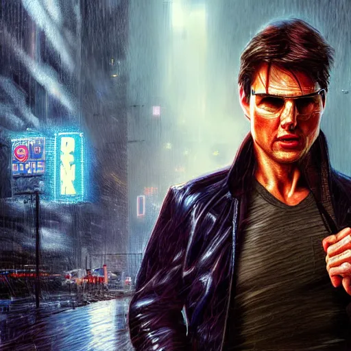 Prompt: photo of tom cruise in the style of stefan kostic, realistic, cyberpunk, neon, nighttime, rain storm, body shot, sharp focus, 8 k high definition, insanely detailed, intricate, elegant, art by stanley lau and artgerm, floating embers