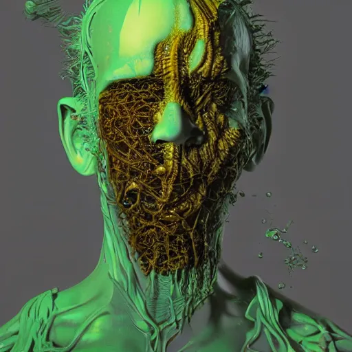 Prompt: hr giger and beeple and artgerm 3 d render of a man with slime mold growing all over his face