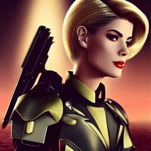 Image similar to A combination of Grace Kelly's and Ada Wong's and Ashley Greene's appearances with blonde hair wearing Interceptor's armor from Anthem, high tech, action shot, angular, full body portrait, futuristic, dramatic, fantasy, intricate, elegant, highly detailed, artstation, matte, sharp focus, 8K, art by Artgerm and Greg Rutkowski and Alphonse Mucha