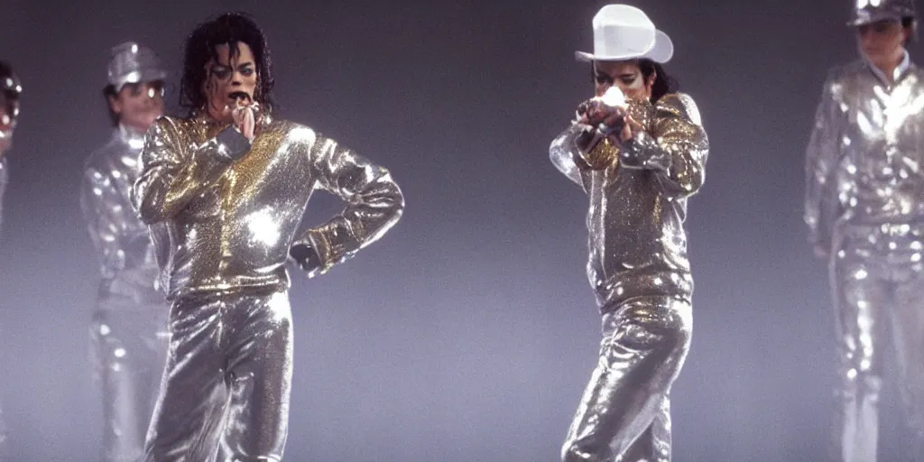 Image similar to Michael Jackson standing alone in a shiny reflective, gold and silver outfit at a concert in the year 1996 ultra realistic, 4K, movie still, UHD, sharp, detailed, cinematic, render, modern