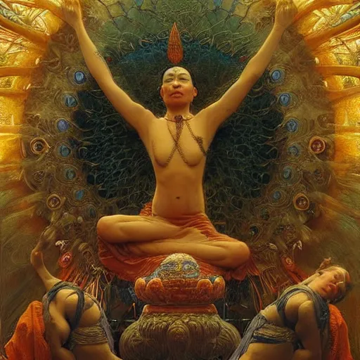 Image similar to crow worshipping buddhist monks, painting by gaston bussiere, craig mullins, j. c. leyendecker, lights, art by ernst haeckel, john william godward, hammershøi,,