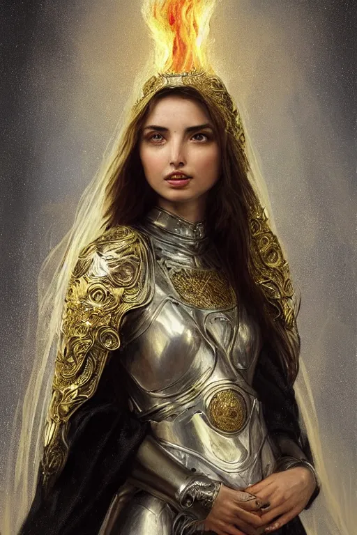 Prompt: ana de armas beautiful and victorian and holy and divine and elite young medieval female white armor knight portrait +shiny eyes+front face with long flowing hair, white hair, ultradetail face, gold filigree, body covered in fire, art and illustration by tian zi and craig mullins and WLOP and alphonse mucha, fantasy, sci-fi, intricate complexity, human structure, human anatomy, fantasy character concept, watermark, blurry, hyperrealism 8k, warm golden backlit