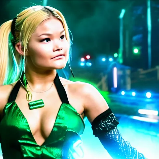 Image similar to cinematic scene with olivia holt as jolyne from jojo's bizarre adventure, live action film, stone ocean, dramatic, small details, volumetric lighting, still frame