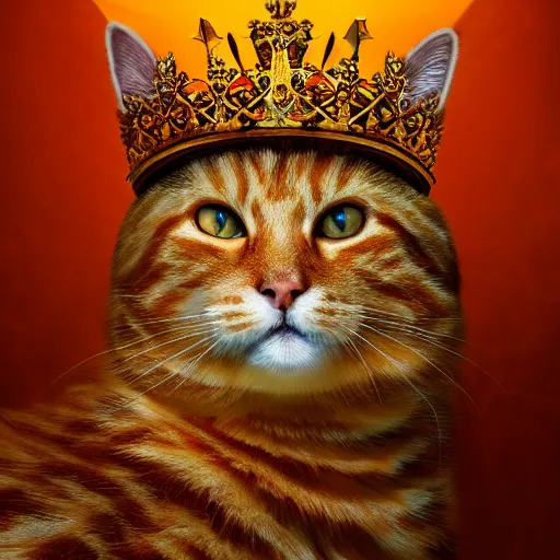 Prompt: colossal fluffy orange royal king tabby cat wearing a golden crown, golden hour, fantasy, vivid colors, sharp focus, digital art, hyper - realistic, 4 k, unreal engine, highly detailed, hd, dramatic lighting by brom, trending on artstation