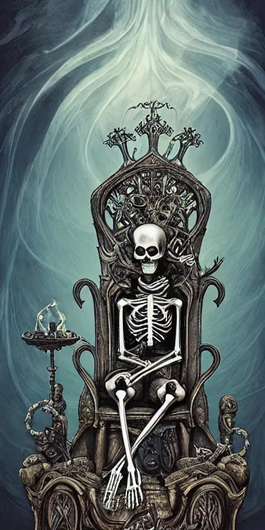 Image similar to tarot card render of a skeleton sitting on a throne, poster art by James Jean, Joe Fenton, Lise Deharme, Anne Stokes, Brian Despain, Petros Afshar behance contest winner, gothic art, , apocalypse art, behance hd, macabre poster art,