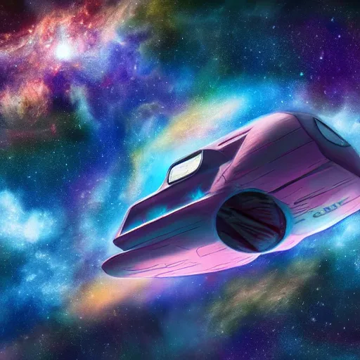 Prompt: a concept art painting of a space van flying in front of a nebula