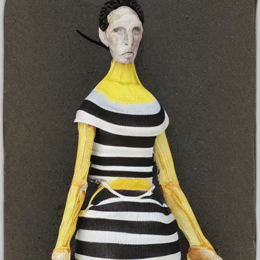 Prompt: an anthromorphic bee woman wearing striped couture made out of wax and paper