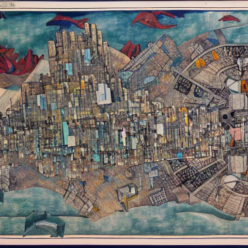 Prompt: a detailed map of a futuristic dystopian city located in an island surrounded by water with a few flying ships stationed around it, in the style of diego rivera schiele, full color, exploded view