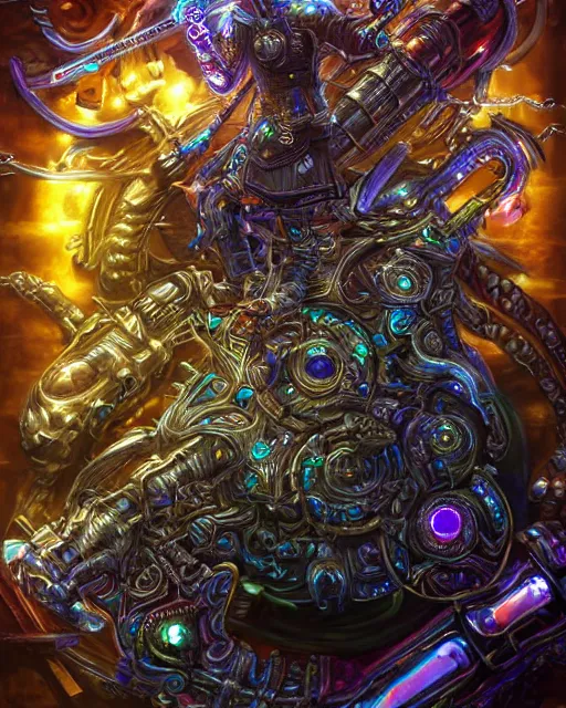 Image similar to legendary glowing sword of cybernetic technology on a table, digital award winning artwork, intimate, intricate, long sharp black and iridescent blade, ornate spikes, colorful hilt, vivid detailed realistic, raytraced blade, colored gems, golden pommel, by yoshitaka amano and deviantart