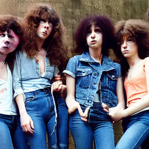 Prompt: group of 1 9 - year - old girls with shaggy wavy hair, wearing double denim, proto - metal band promo, heavy rock band promo photo, 1 9 7 5 photo