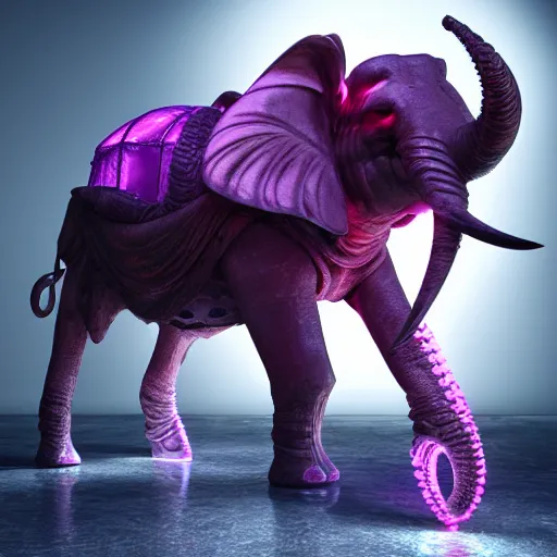 Image similar to a realistic antropomorphic pink elephant dressing necromancer clothes sited in a xenomorphic throne with glow neon eyes, finely detailed, 4 k, photorealistic, cycles engine,