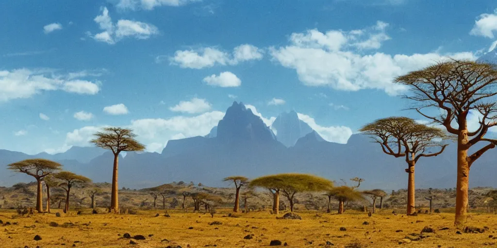 Prompt: a Malagasy dream landscape with baobab trees and snowy mountains in the background, film still, concept art, depth of field