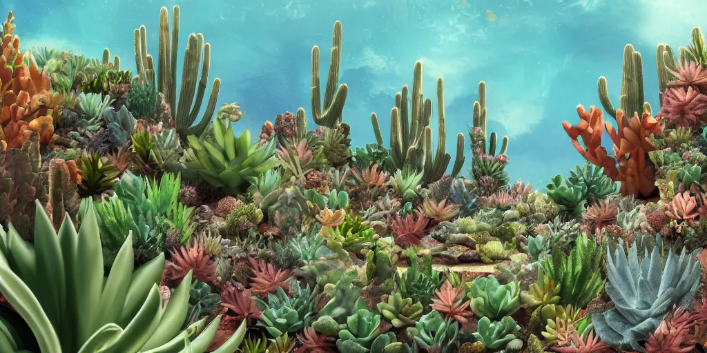 Prompt: a desert with a lot of succulents and exotic flowers, underwater, super detailed acrylic painting, movie poster 7 0's, octane render