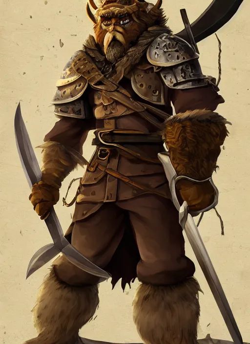 Image similar to strong young man, photorealistic bugbear ranger holding aflaming sword, black beard, dungeons and dragons, pathfinder, roleplaying game art, hunters gear, jeweled ornate leather and steel armour, concept art, character design on white background, by studio ghibli, makoto shinkai, kim jung giu, poster art, game art