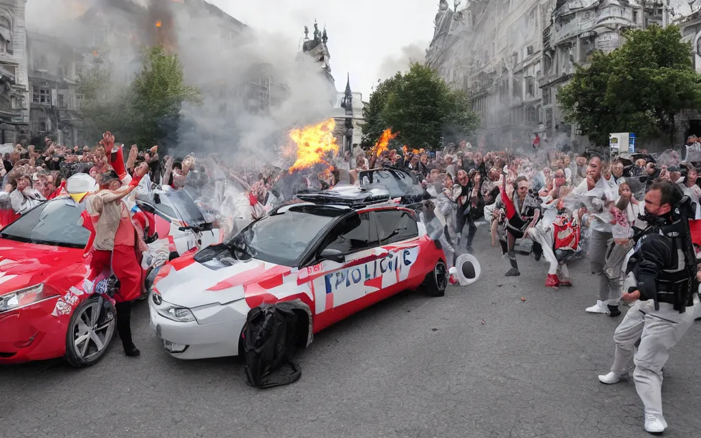 Image similar to an austrian police car burning with people dancing in a ritual around it