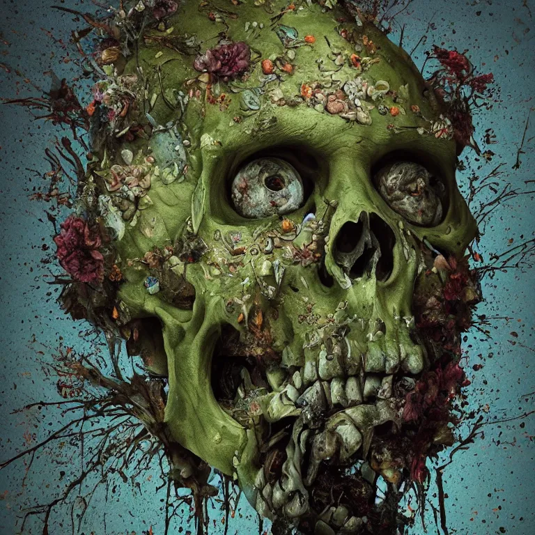 Image similar to A beautiful oil painting hyperrealism of a decayed zombie head, green bulging eyes, rotten green skin, grey beard, blue veins, skull bones flowers, 8k resolution, octane render, Trending on artstation, by Gediminas Pranckevicius, volumetric light 2blue fractal Thunder glow by dan mumford, anaglyph effect, Laurie Lipton