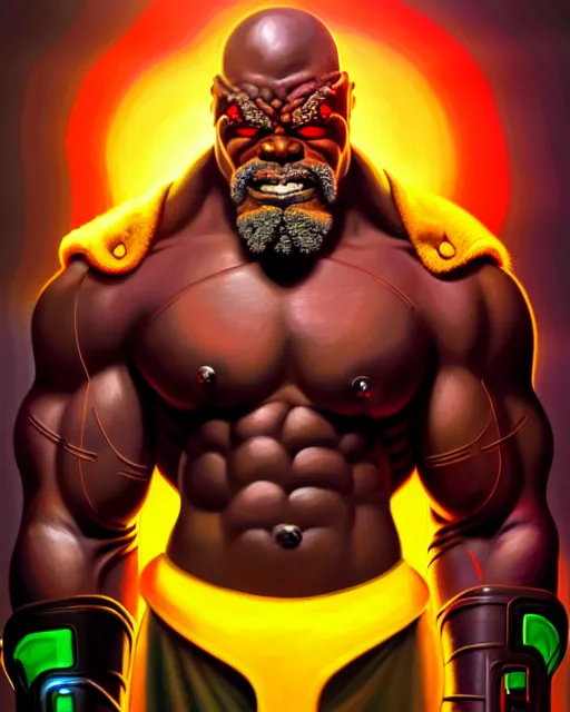 Image similar to doomfist from overwatch, elegant, confident, smug, ripped, buff, strong, colorful, fantasy, fantasy art, character portrait, portrait, close up, highly detailed, intricate detail, amazing detail, sharp focus, vintage fantasy art, vintage sci - fi art, radiant light, caustics, by boris vallejo