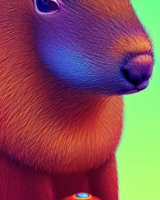 Prompt: vivid color portrait of funny giant cute eyes capybara, intricate abstract. intricate artwork, by tooth wu, wlop, beeple, dan mumford. concept art, octane render, trending on artstation, greg rutkowski very coherent symmetrical artwork. cinematic, key art, hyper realism, high detail, octane render, 8 k, iridescent accents