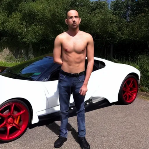 Image similar to Andrew Tate the ultimate chad standing in front of his dope sports car