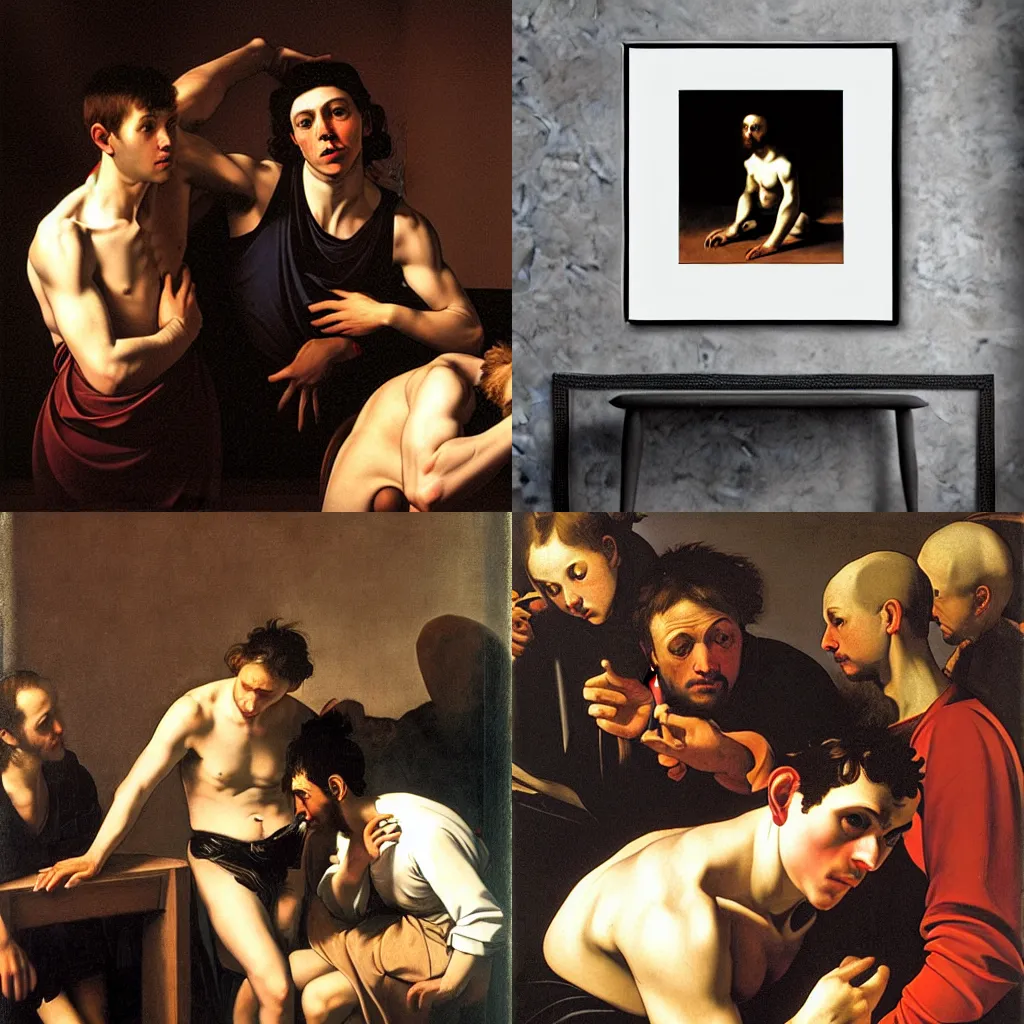 Prompt: caravaggio image of gay Berlin interior with young man tempting audience with ambivalent stare