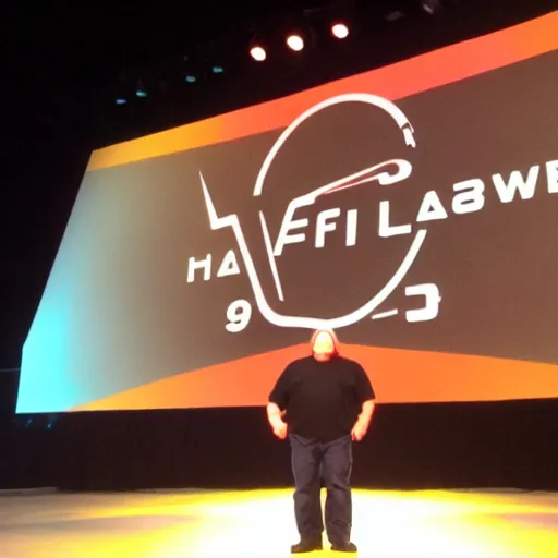 Image similar to gabe newell on stage presenting half life 3 logo