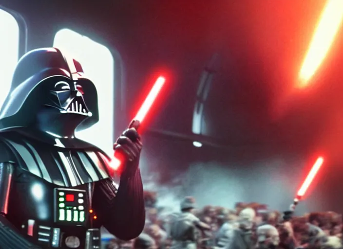 Image similar to film still of Darth Vader goes to a rave in the new Star Wars movie, 4k