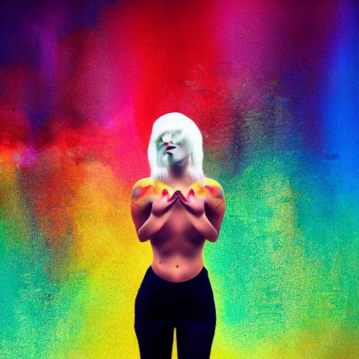 Prompt: beautiful albino woman vomiting rainbows, unral engine octane, colorful, darkart