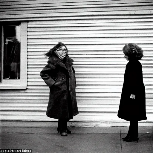 Prompt: a portrait of a woman looking off onto the streets, along with her wife, in january, 1 9 7 9. ( courtesy of the museum of american art )