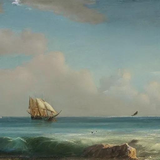 Image similar to A coast with sand and small rocks with a blue sky and a troubled sea and an old sailing ship on the horizon and in the sky is a flock of birds flying southwards, painted in oil colours