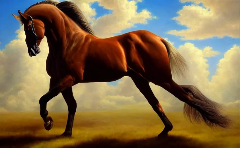 Image similar to a masterpiece oil painting of a single and proud horse. wide angle, fantasy art, alex ross, heroic lighting, very very very beautiful raytraced rendering