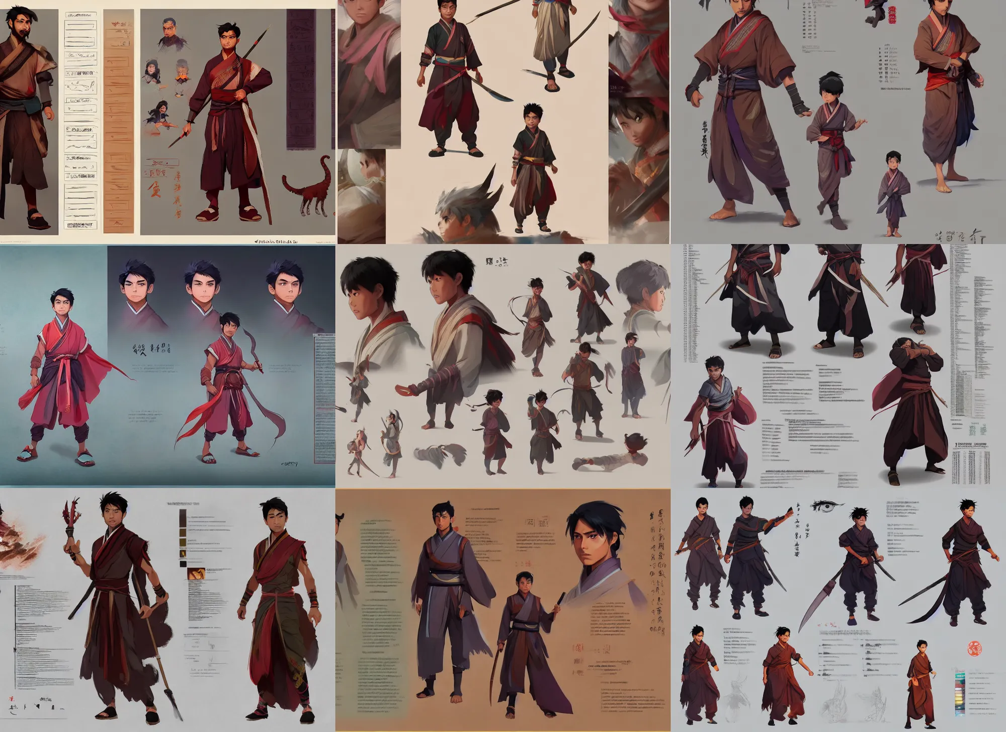 Prompt: character sheet for a cute wuxia indian boy, dynamic color, for genshin impact by greg rutkowski, by studio ghibli, digital art, trending on artstation, hd, 8 k, highly detailed, good lighting, beautiful, masterpiece