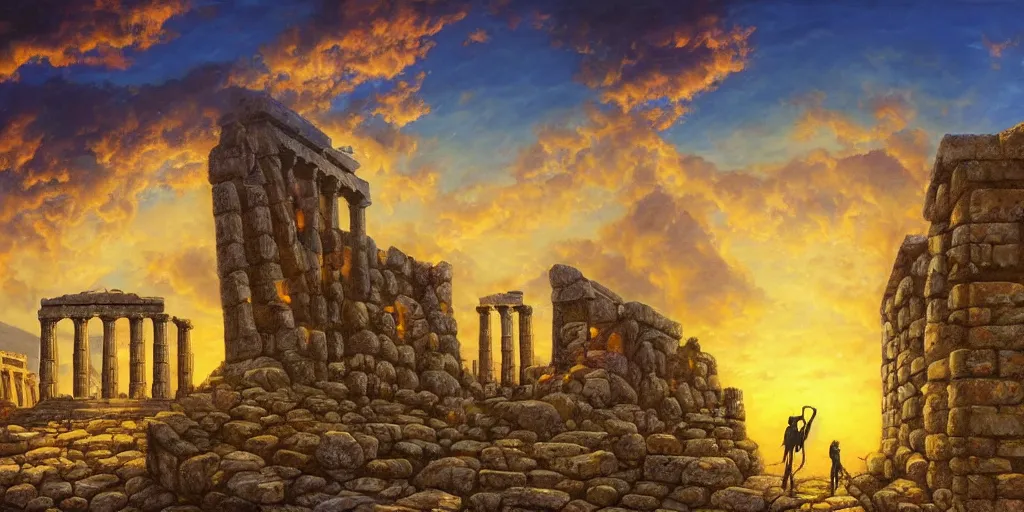 Image similar to fantasy oil painting, megalithic city of athens, fantasy, buildings, colossal, gate, looming, small buildings, warm lighting, street view, daytime, silhouetted figure standing overlooking the port city, epic, distant mountains, bright clouds, luminous sky, cinematic lighting, michael cheval, michael whelan, artstation, oil painting, vray, 8 k hd
