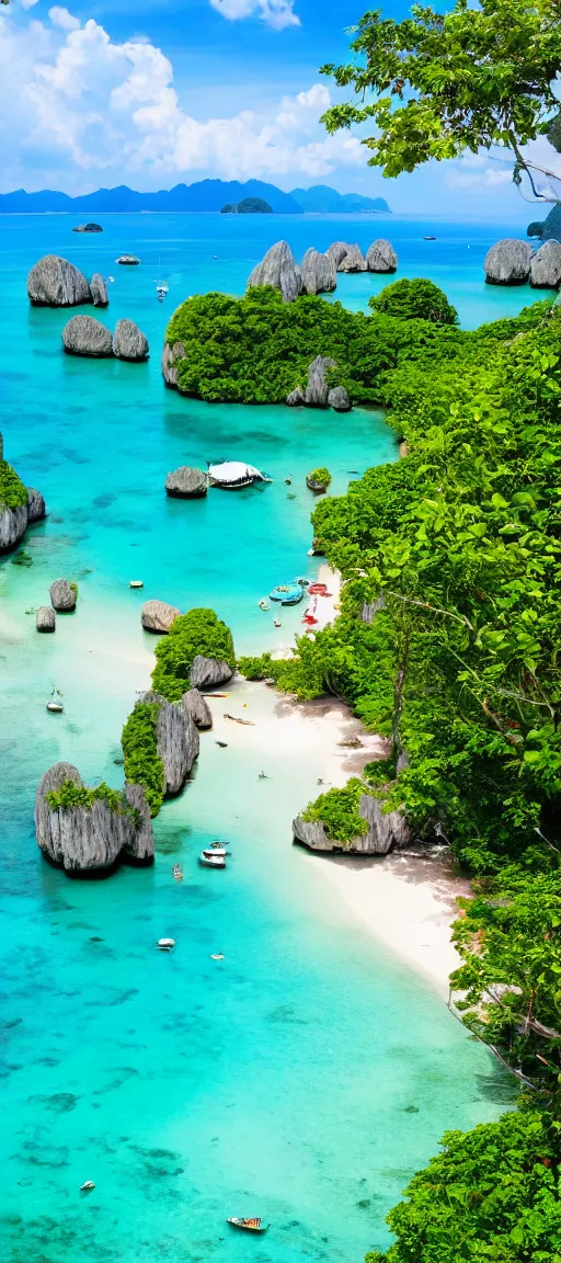 Image similar to koh samui koh krabi crystal clear blue water white sandy beach, 8 k wallpaper, high viewpoint, beautiful lighting, dslr