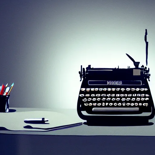 Image similar to painting of a typewriter on a desk in a dimly lit room, volumetric lighting, style of greg rutkowski