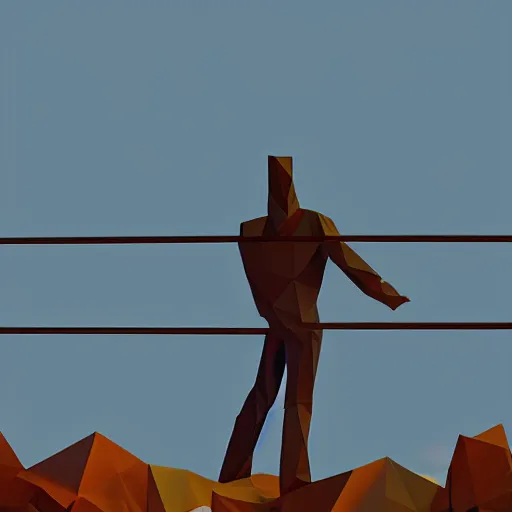 Image similar to a high wire fence looming over a man, low poly, dystopian art, 2 d game art