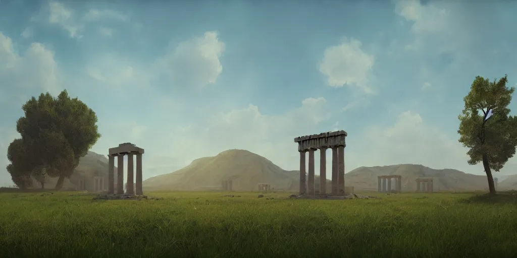 Prompt: a greek monument in an empty field in the countryside, bright sunny day, by donato gioncola and michal karcz and simon stalenhag sharp digital painting. dreaming latent space. matte painting, concept art. artstation. digital render.