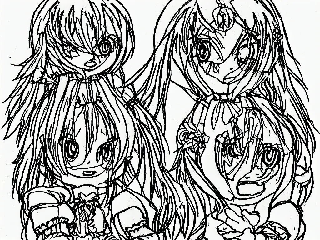 Image similar to color pen plotter outline drawing of a cute fumo plush girl, cursed enigmatic gothic maiden