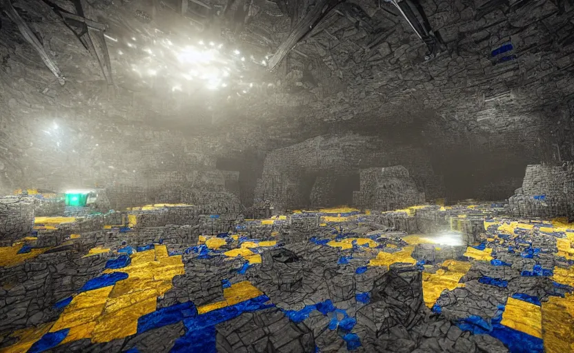 Image similar to ''A mine with walls full of ores, diamonds, emeralds, gold, sapphire, shining, dark, texture, realistic, ray tracing, 8K, micro details, digital art, nature colors''