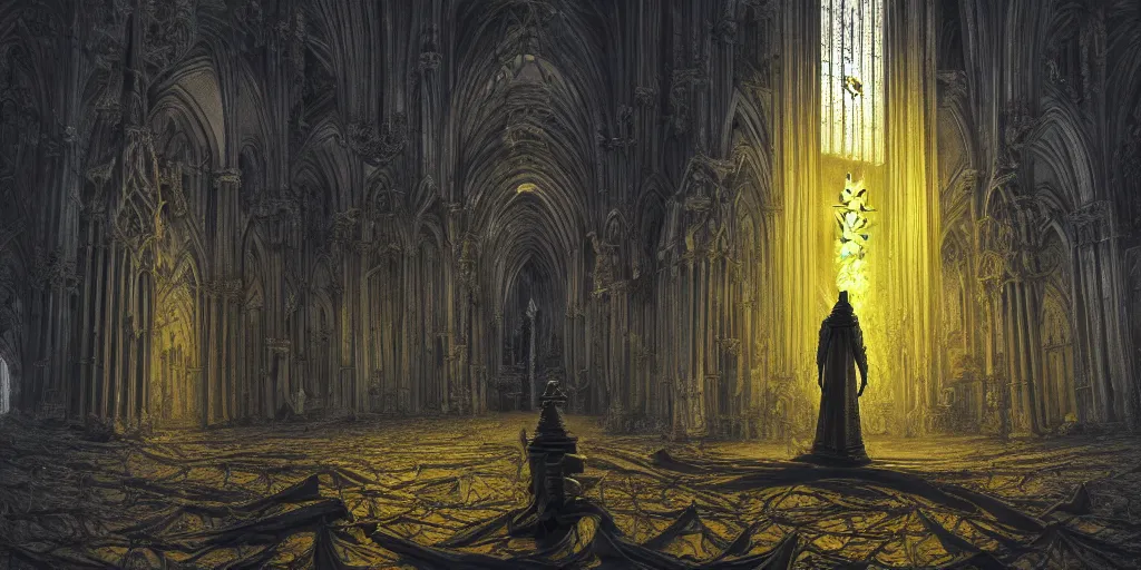 Image similar to a tall towering huge pale human wearing a yellow garment sitting upon an ornate stone throne, 4K, digital art, lovecraftian, lovecraft art, artstation, horror, dramatic, wearing a long yellow rotting garment, dark, hyperrealistic, dramatic perspective, complex (((dark))) cathedral background, dark background, highlights, extremely detailed,