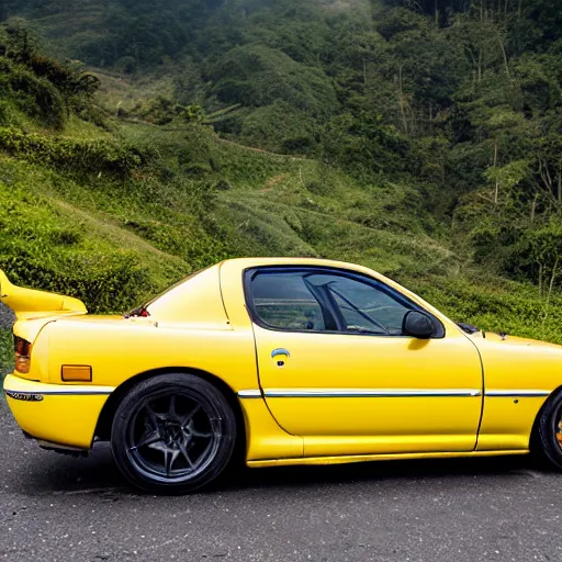 Image similar to Yellow Mazda RX7 drifting through quindio\'s mountains, photography, jdm style