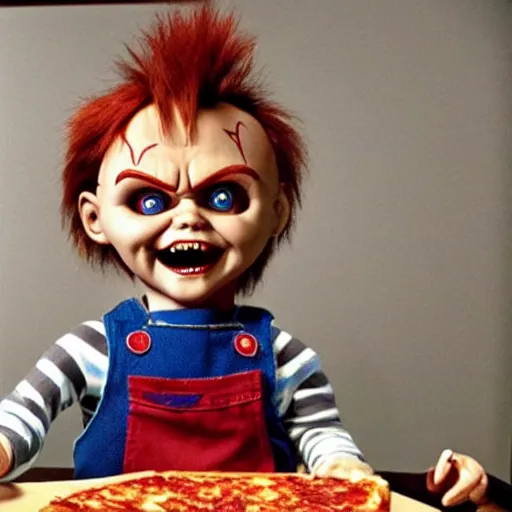 Image similar to Chucky the killer doll from the movie Child's Play eating Pizza at Pizza Hut