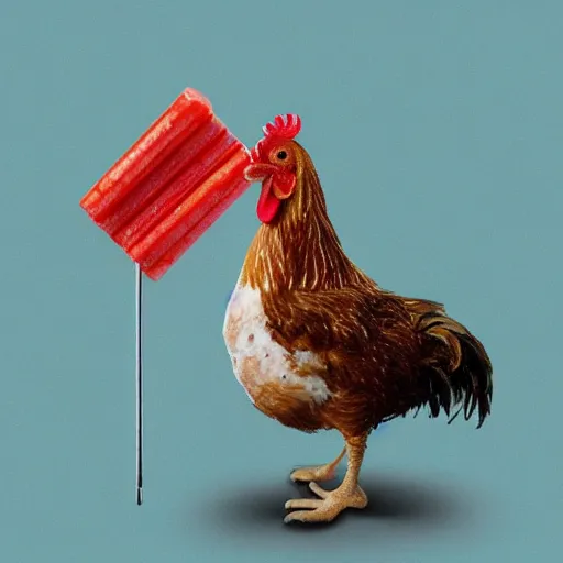 Prompt: a chicken impaled on a lolly stick, photo realistic