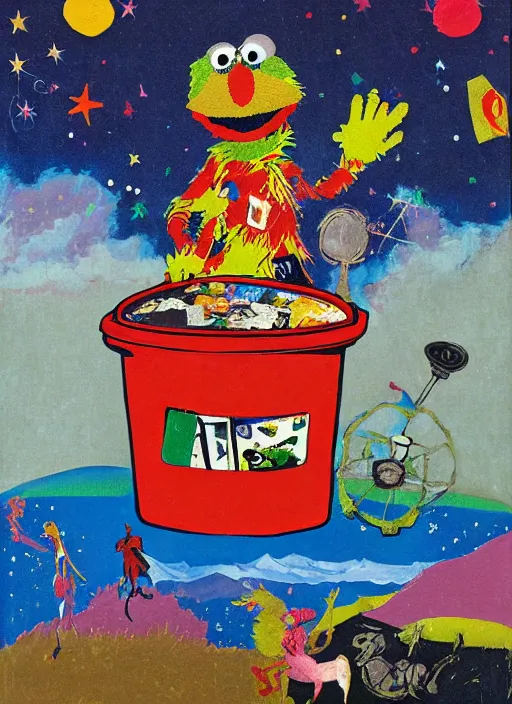 Image similar to expressionistic decollage painting, trash can tarot card fool with sesame street elmo and kermit muppet knight on a horse in a dark red cloudy night sky with golden foil jewish stars, mountain lake and blossoming field in background painted by adrian ghenie, francis bacon, daniel richter and hilma af klint, pixel art, buff painting, color field painting, low effort graffiti, rich deep colors, ultra naive, children painting, cy twombly painting, part by Philip Guston and Frank Stella art by Rothko, 8k, extreme detail, intricate detail, masterpiece