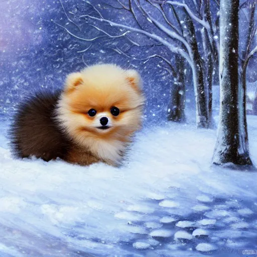 Prompt: cute fluffy pomeranian puppy sitting in snowy winter landscape detailed painting 4 k