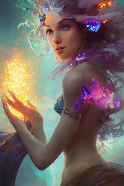 Image similar to beautiful girl necromancer covered with crystals exploding rainbow, 3 d render, hyper realistic detailed portrait, holding magic leaves, ruan jia, wlop. scifi, fantasy, hyper detailed, octane render, concept art, peter mohrbacher