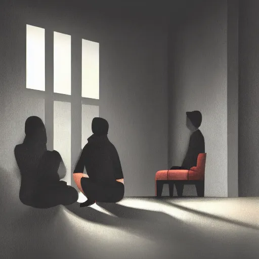 Prompt: a digital painting of people sitting in a room looking at the camera in a dark, abandoned room. dramatic lighting coming from the open door behind the camera, faces are visible.