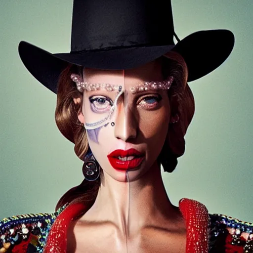 Image similar to dolce & gabbana campaign featuring jar jar binks as a female cowgirl, long eyeslashes, huge juicy lips, big seductive eyes, shot by mario testino, realistic vfx simulation