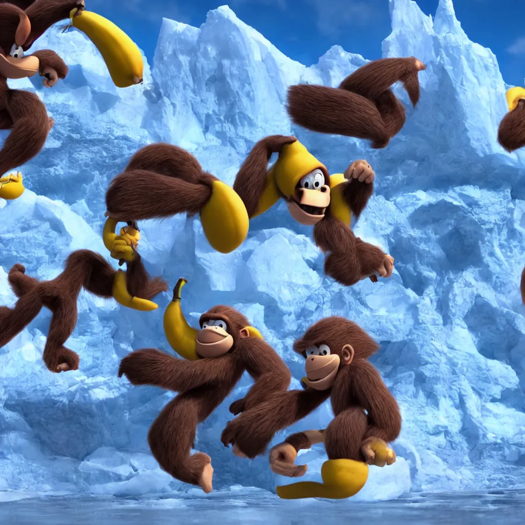 Prompt: donkey kong eating a banana in antarctica fighting sonic the hedgehog, unreal engine, 4 k, ray - tracing,