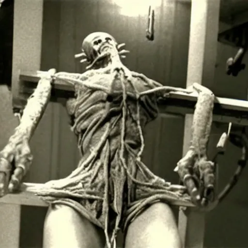 Image similar to an alien getting crucified in an experimental lab, found footage video