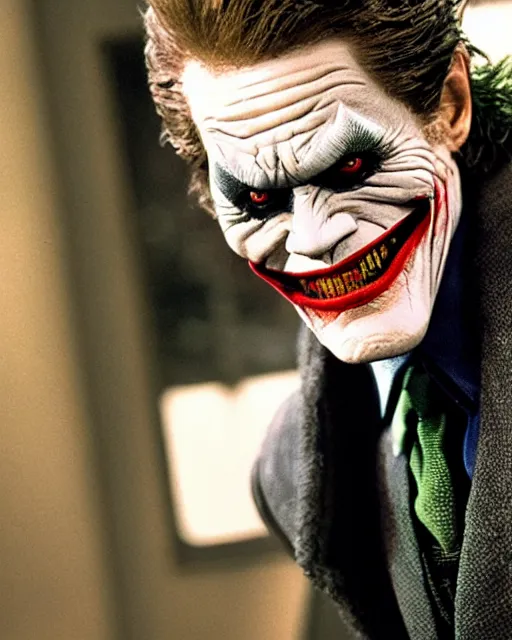 Image similar to a movie still of Batman starring Willem Dafoe as the Joker smiling, 8k, Technicolor, telephoto lens, detailed skin, detailed realistic eyes, medium shot, mid-shot